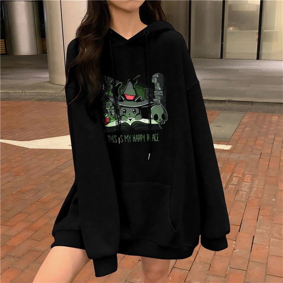 Halloween Happy Place Baskılı Siyah Unisex Oversize Kapüşonlu Sweatshirt