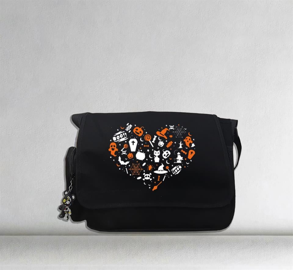 Halloween Heart Baskılı Unisex Siyah Postacı Çantası