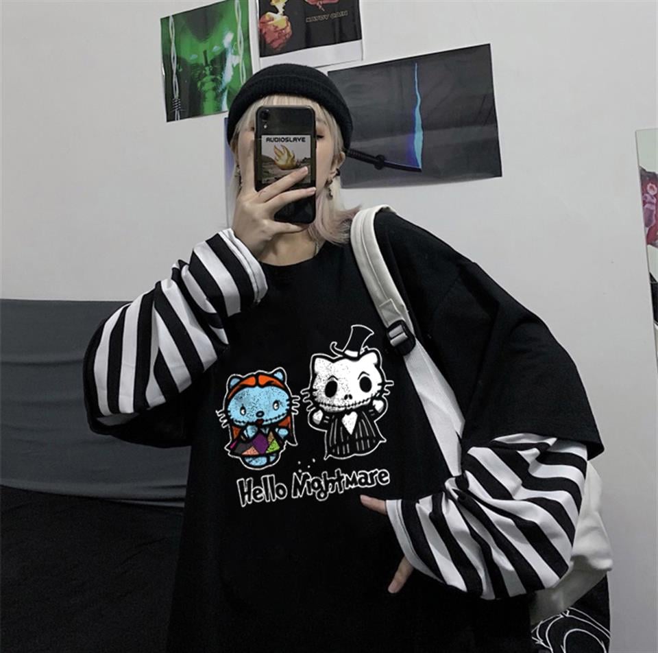 Halloween Hello Nightmare Baskılı Fake Sleeves Unisex Siyah T-shirt