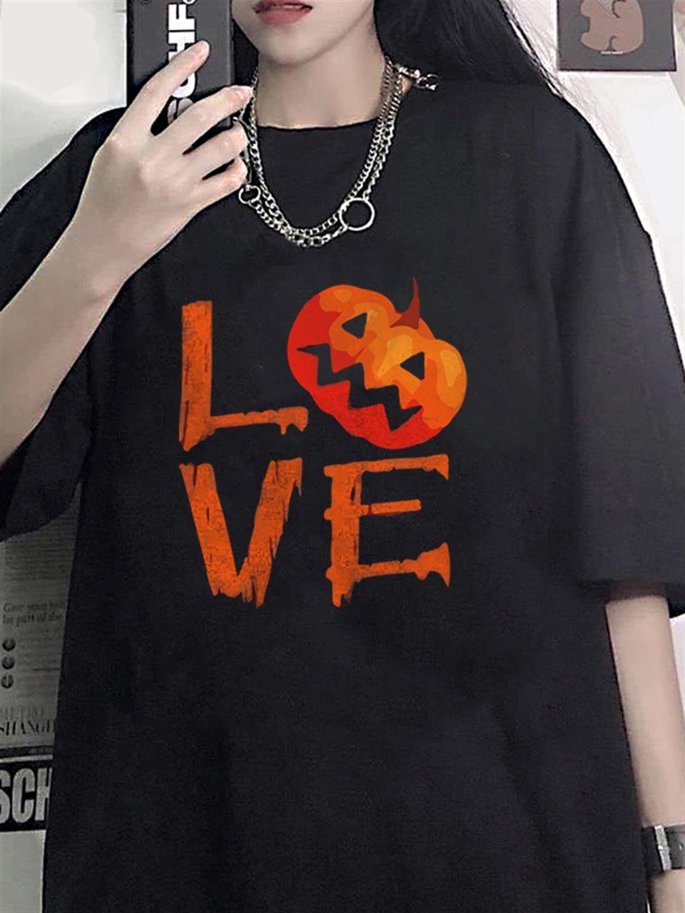 Halloween Love Baskılı Siyah Unisex Oversize T-shirt