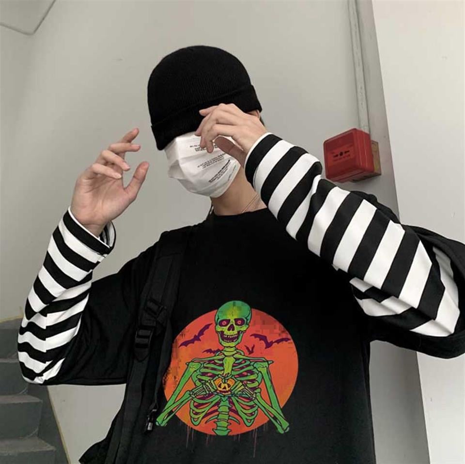 Halloween Skeleton Baskılı Fake Sleeves Unisex Siyah T-shirt