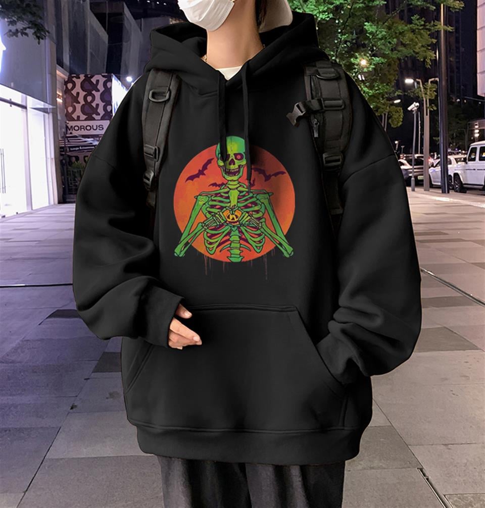 Halloween Skeleton Baskılı Siyah Unisex Oversize Kapüşonlu Sweatshirt