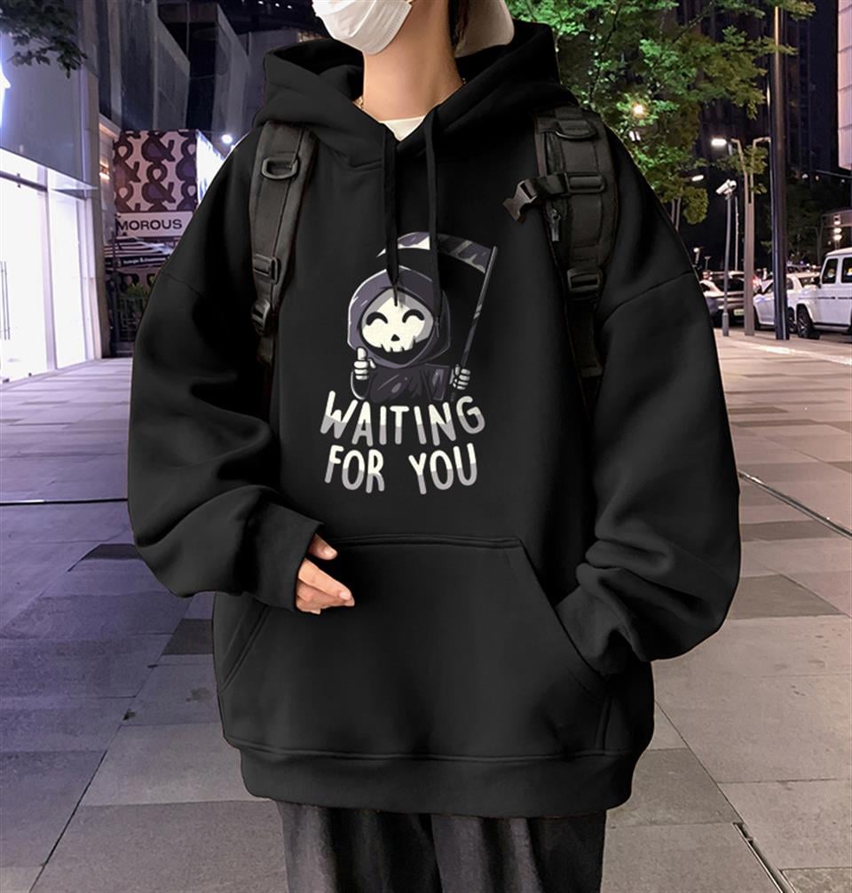 Halloween Waitin For You Baskılı Siyah Unisex Oversize Kapüşonlu Sweatshirt
