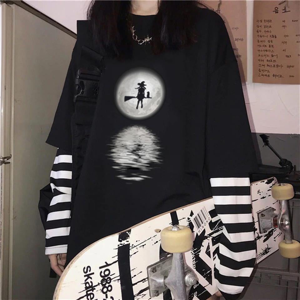 Halloween Witch On The Moon Baskılı Fake Sleeves Unisex Siyah T-shirt