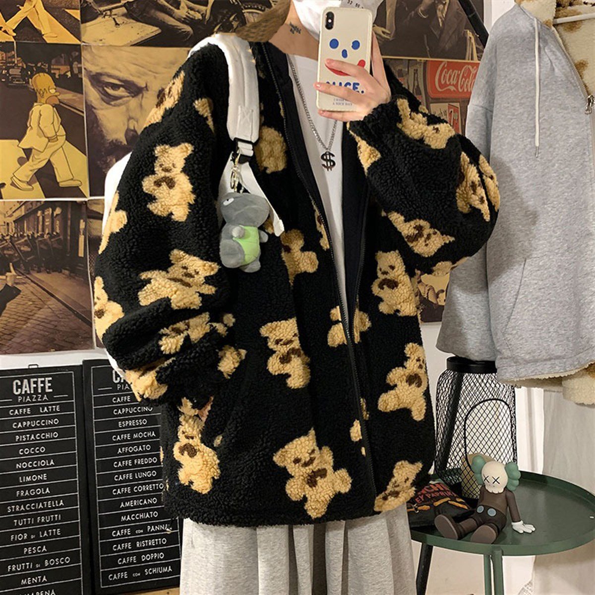 Harajuku Bear Nakış İşlemeli Unisex Peluş Fermuarlı Hırka