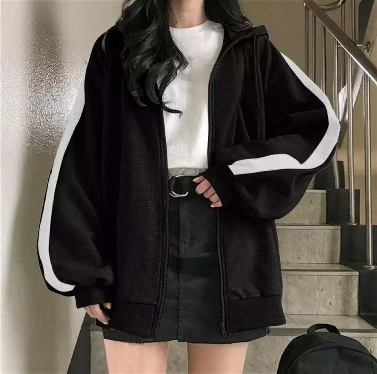 Harajuku Beyaz Şeritli Siyah Fermuarlı Unisex Hırka