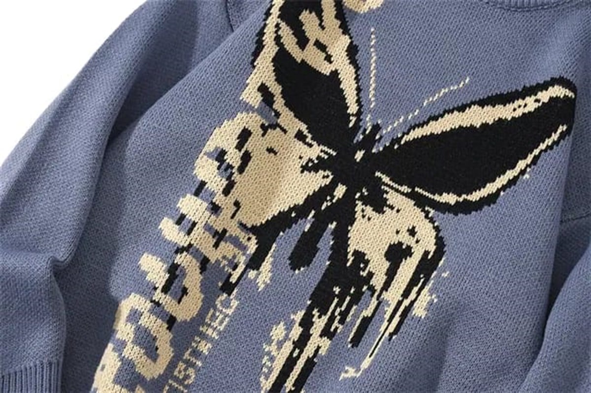 Harajuku Butterfly Mavi Unisex Oversize Kazak