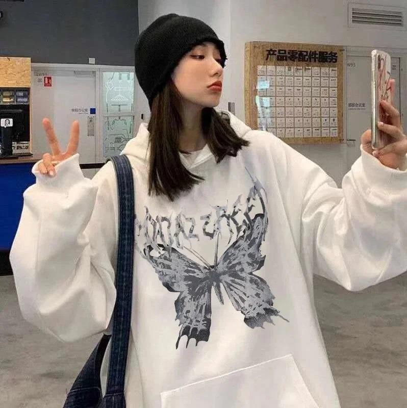 Harajuku Butterfly Oversize Unisex Beyaz Kapşonlu Hoodie