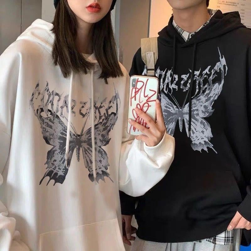Harajuku Butterfly Oversize Unisex Beyaz Kapşonlu Hoodie