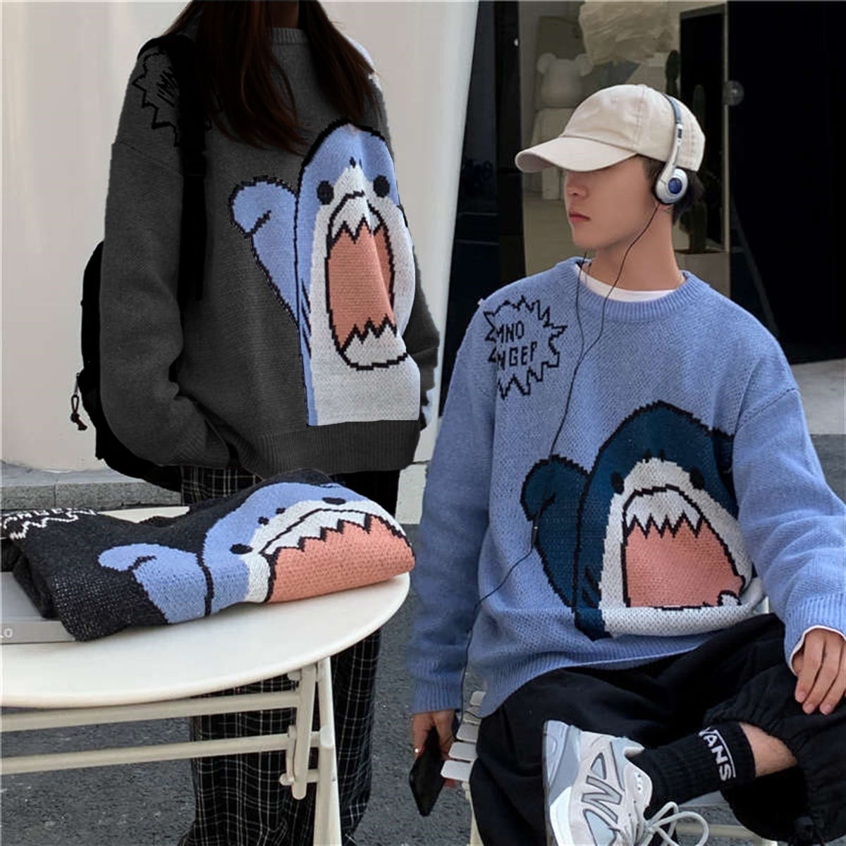 Harajuku Cute Shark - I'm Not Danger Açık Gri Oversize Kazak