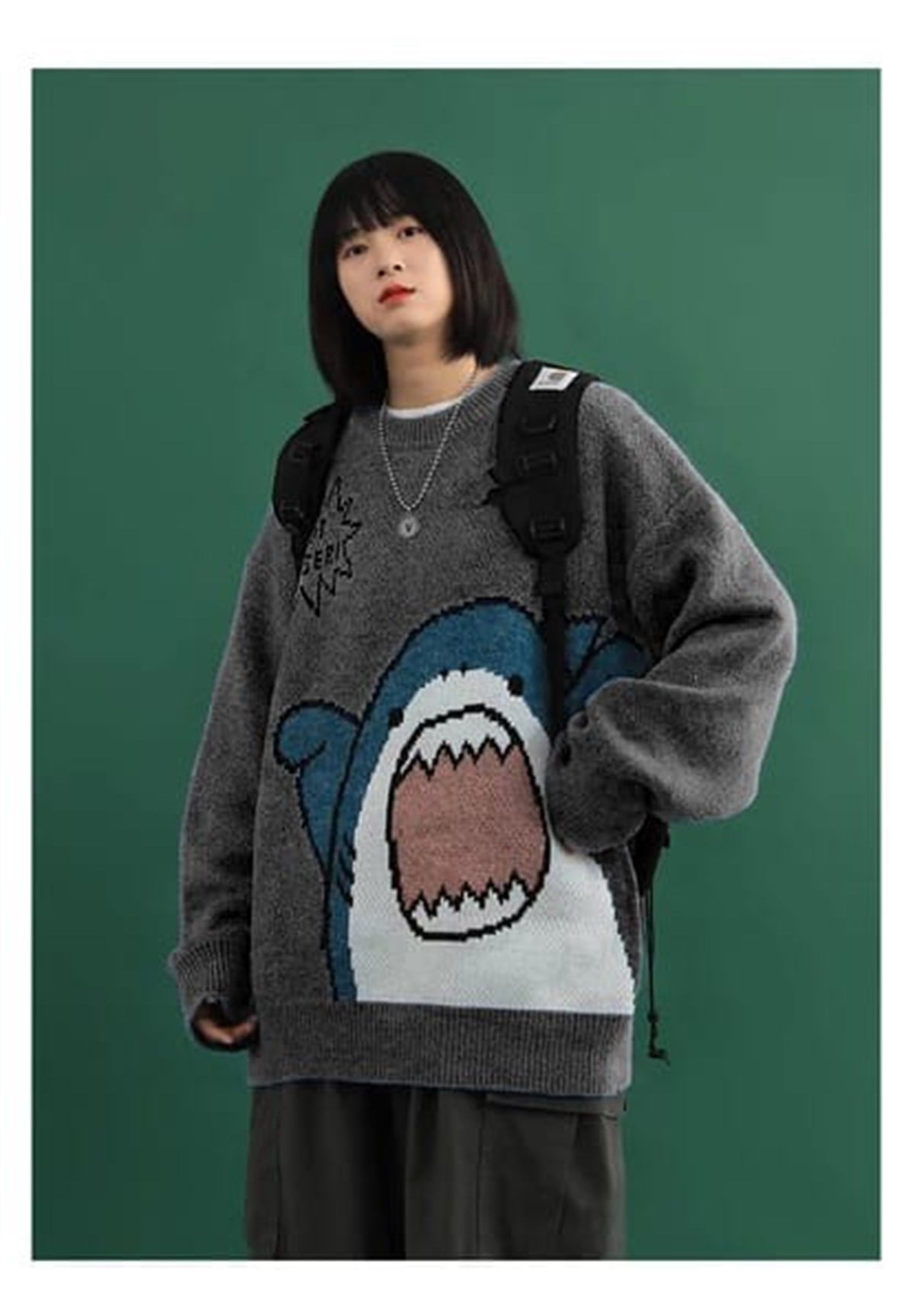 Harajuku Cute Shark - I'm Not Danger Açık Gri Oversize Kazak