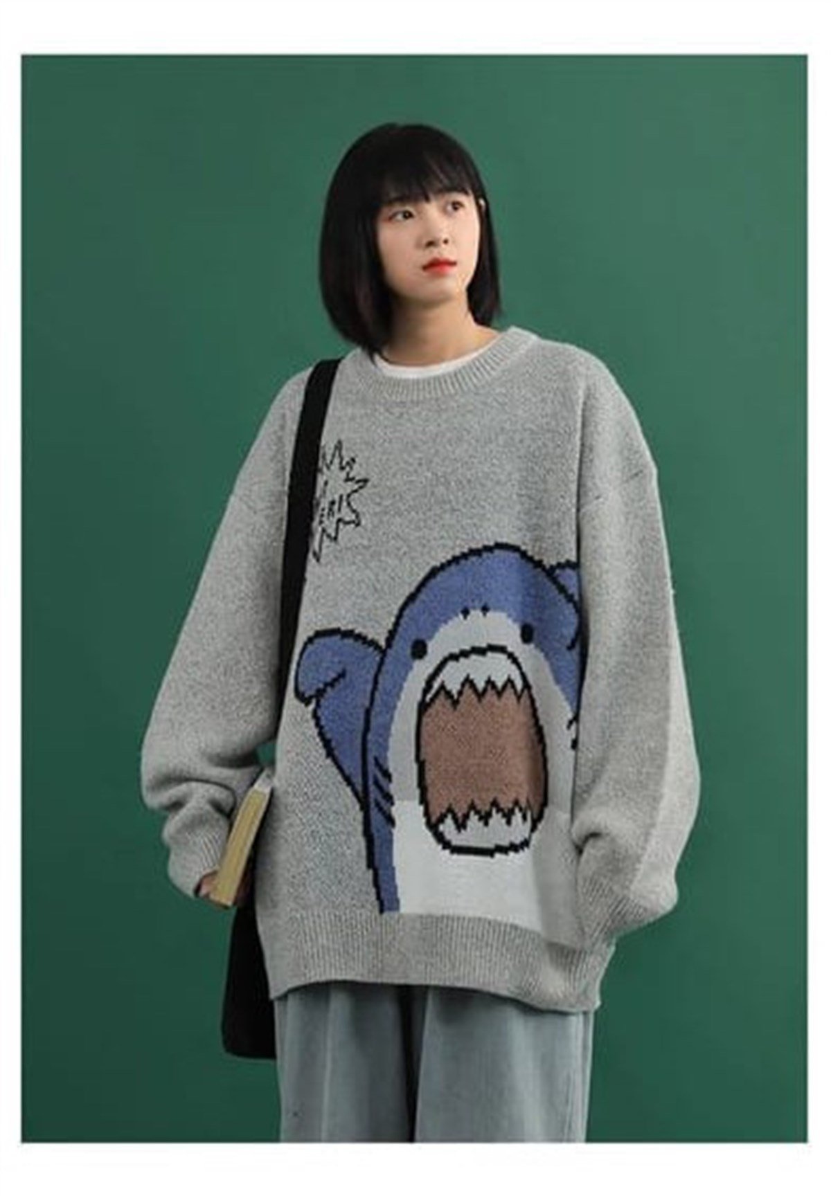 Harajuku Cute Shark - I'm Not Danger Koyu Gri Oversize Kazak