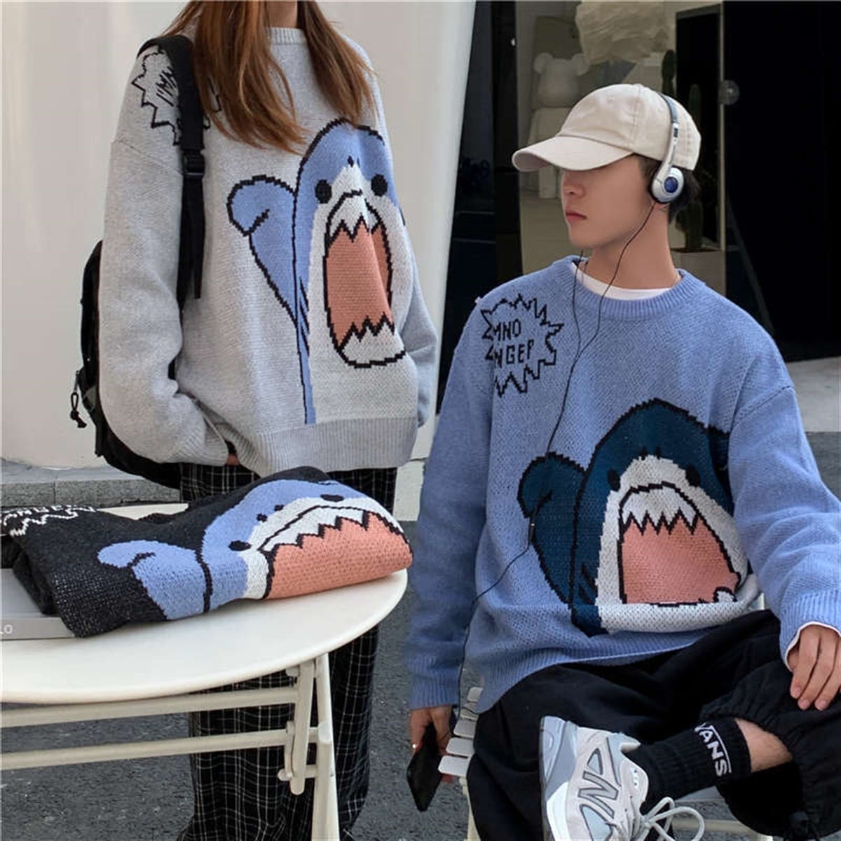 Harajuku Cute Shark - I'm Not Danger Mavi Oversize Kazak