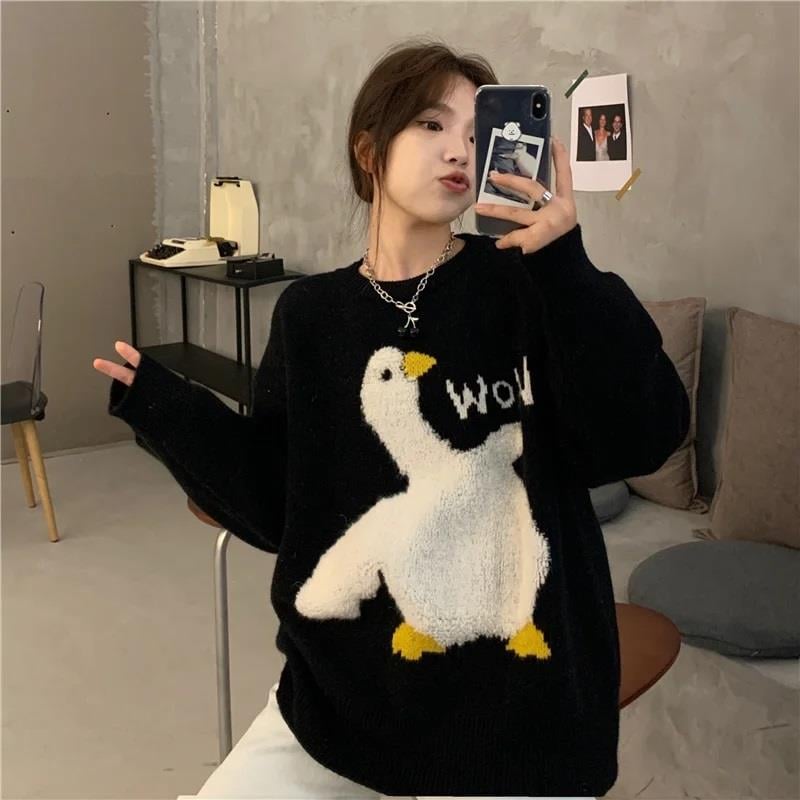 Harajuku Duck Wow Baskılı Oversize Unisex Siyah Kazak