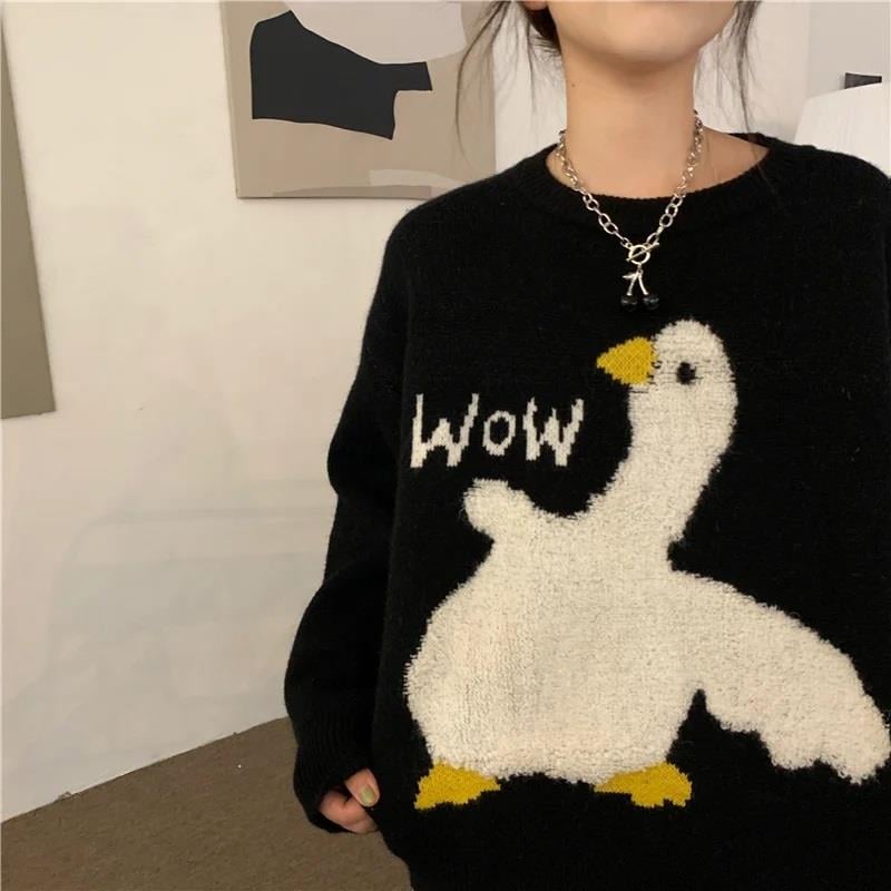 Harajuku Duck Wow Baskılı Oversize Unisex Siyah Kazak