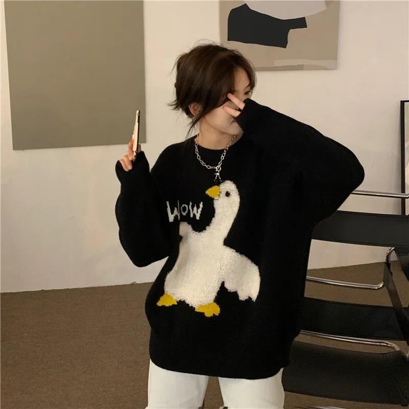 Harajuku Duck Wow Baskılı Oversize Unisex Siyah Kazak