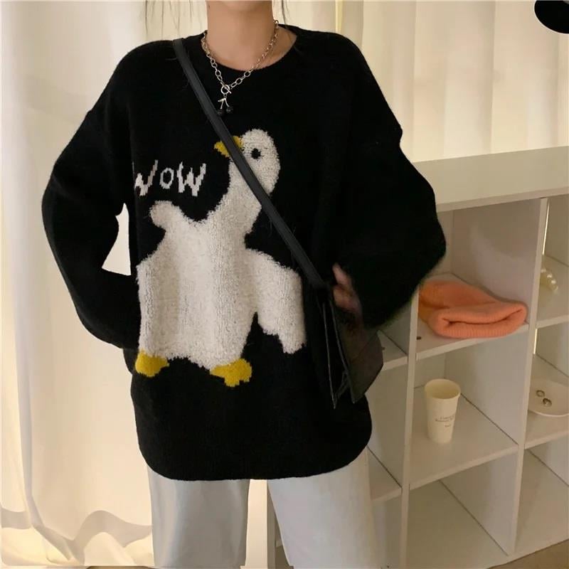 Harajuku Duck Wow Baskılı Oversize Unisex Siyah Kazak