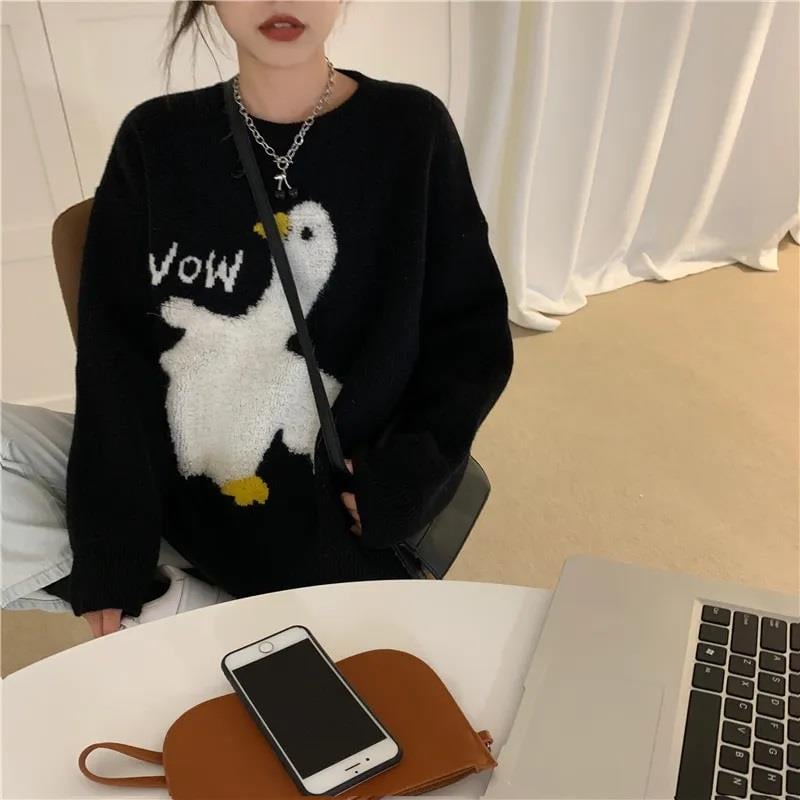 Harajuku Duck Wow Baskılı Oversize Unisex Siyah Kazak