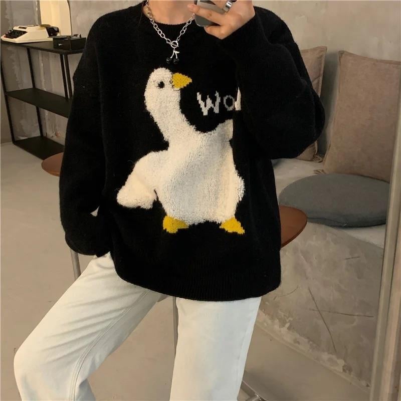 Harajuku Duck Wow Baskılı Oversize Unisex Siyah Kazak
