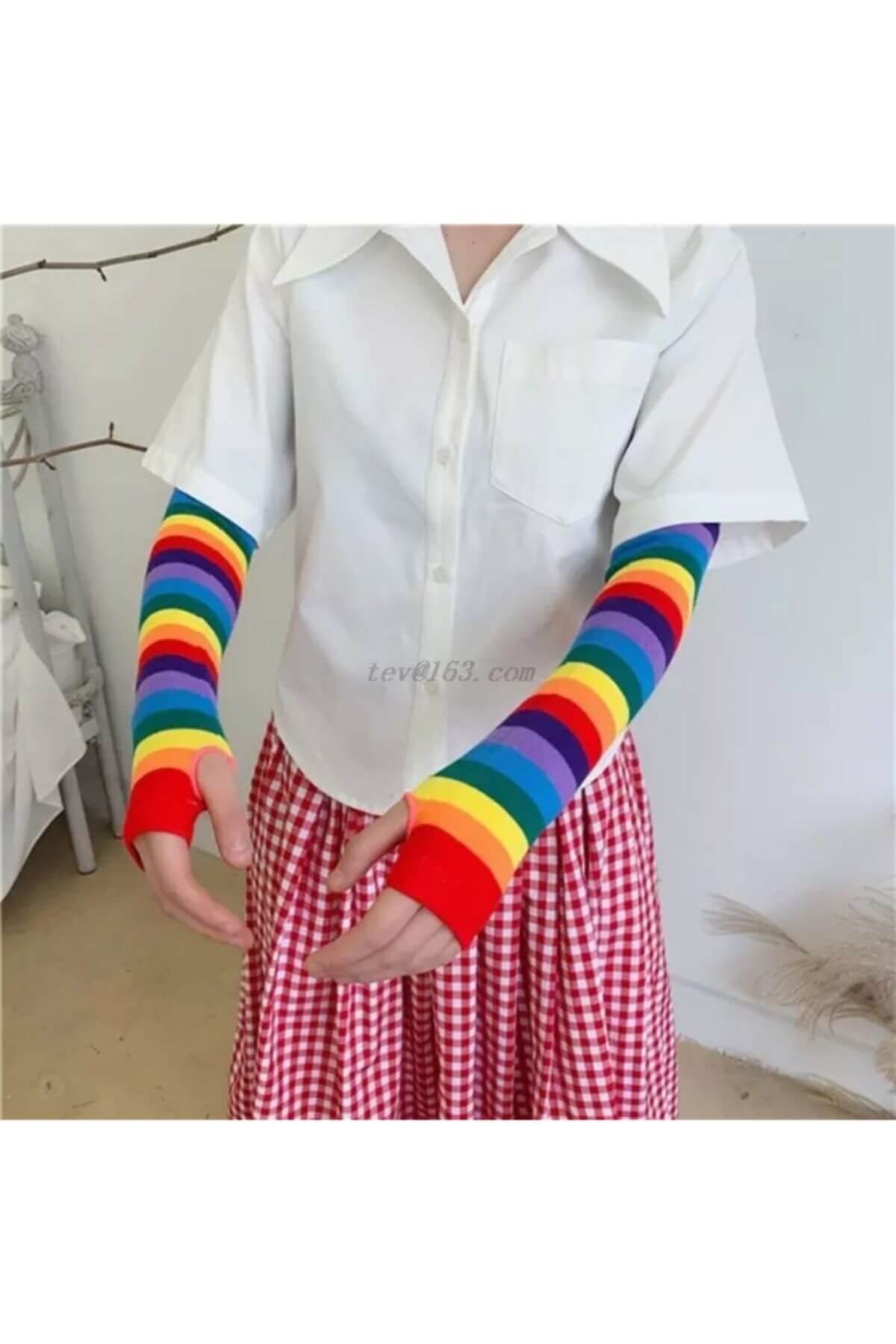 Harajuku Gökkuşağı Desenli Parmaksız Kolluk Eldiven