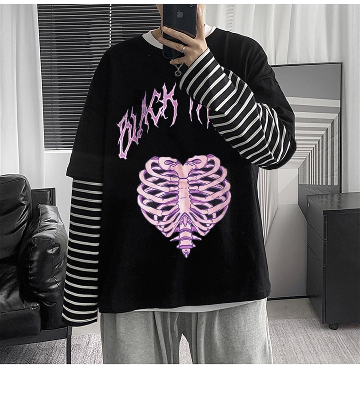 Harajuku Gothic Black Three Cage Oversize Unisex Uzun Kollu  T-shirt