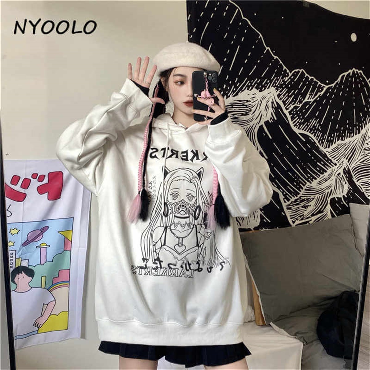 Harajuku Japanese Sweet Cool Girl Beyaz Kapşonlu Sweetshirt