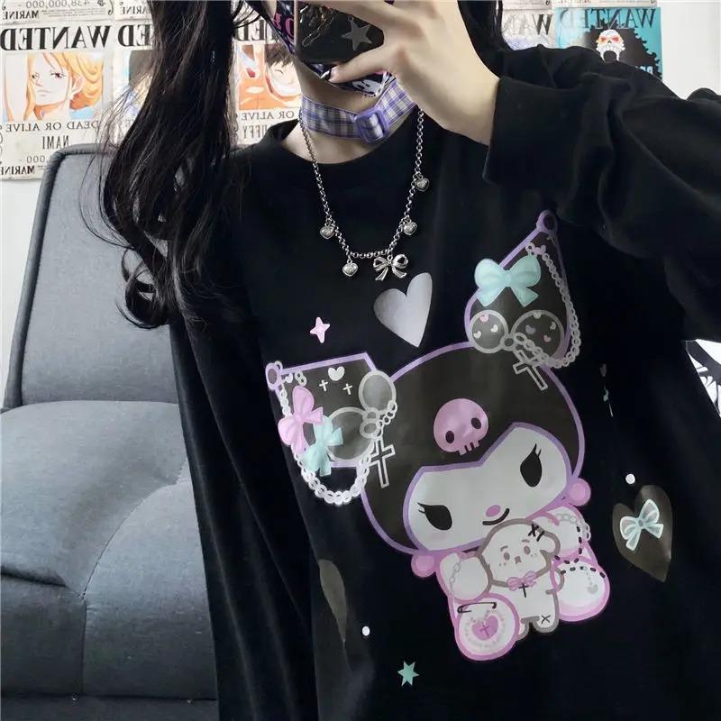 Harajuku Kuromi Baskılı Siyah Unisex Oversize Bisiklet Yaka Sweatshirt