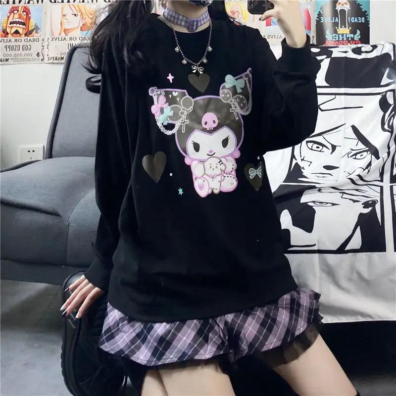 Harajuku Kuromi Baskılı Siyah Unisex Oversize Bisiklet Yaka Sweatshirt