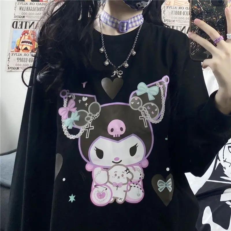 Harajuku Kuromi Baskılı Siyah Unisex Oversize Bisiklet Yaka Sweatshirt