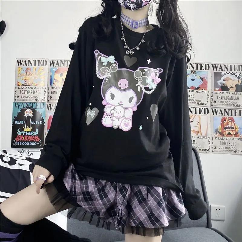 Harajuku Kuromi Baskılı Siyah Unisex Oversize Bisiklet Yaka Sweatshirt