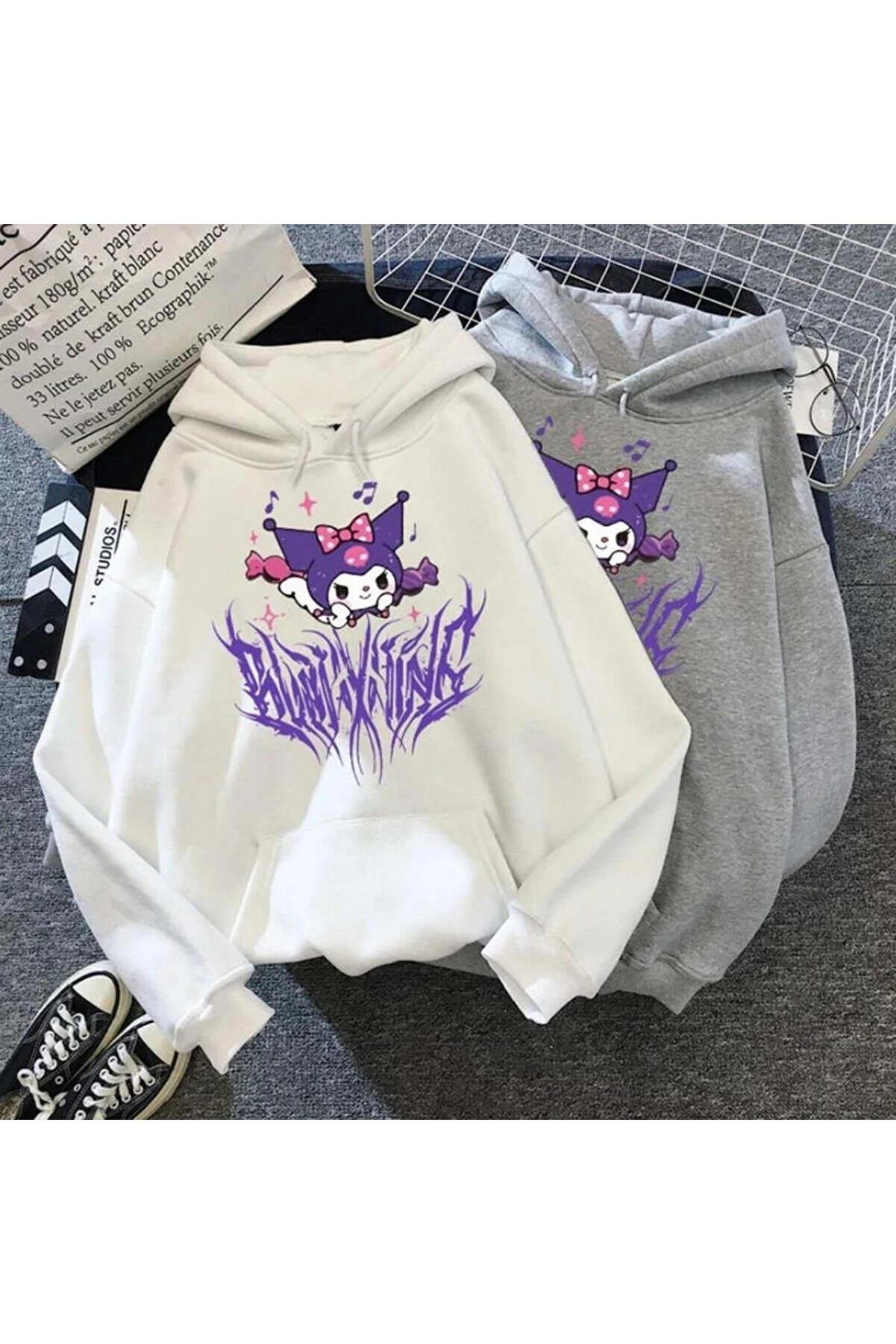Harajuku Kuromi Oversize Unisex Beyaz Kapşonlu Hoodie