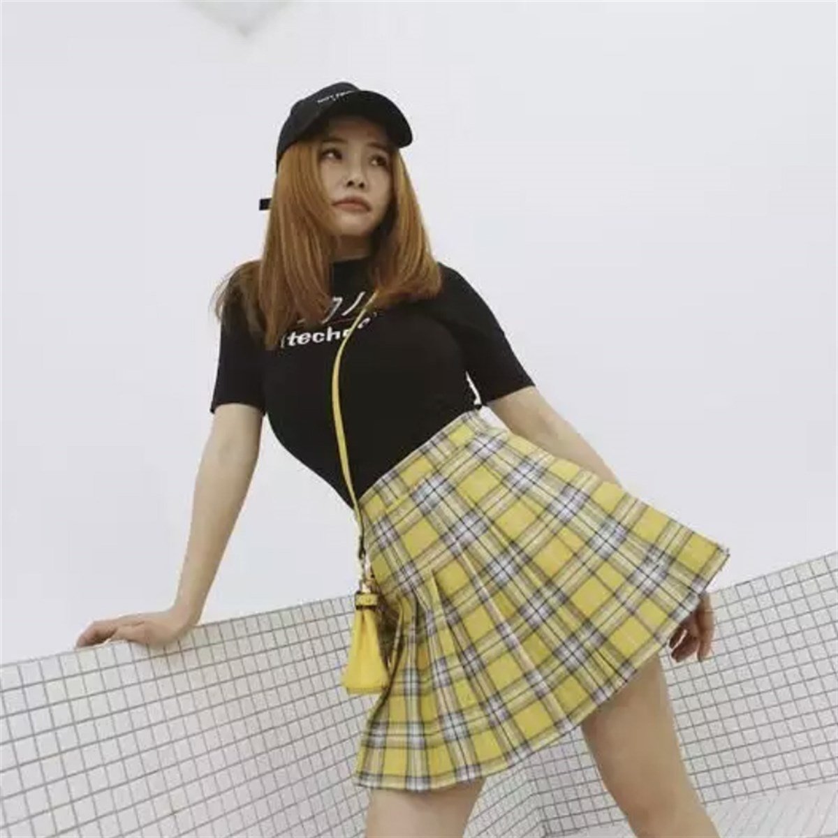 Harajuku Sarı Ekoseli Etek