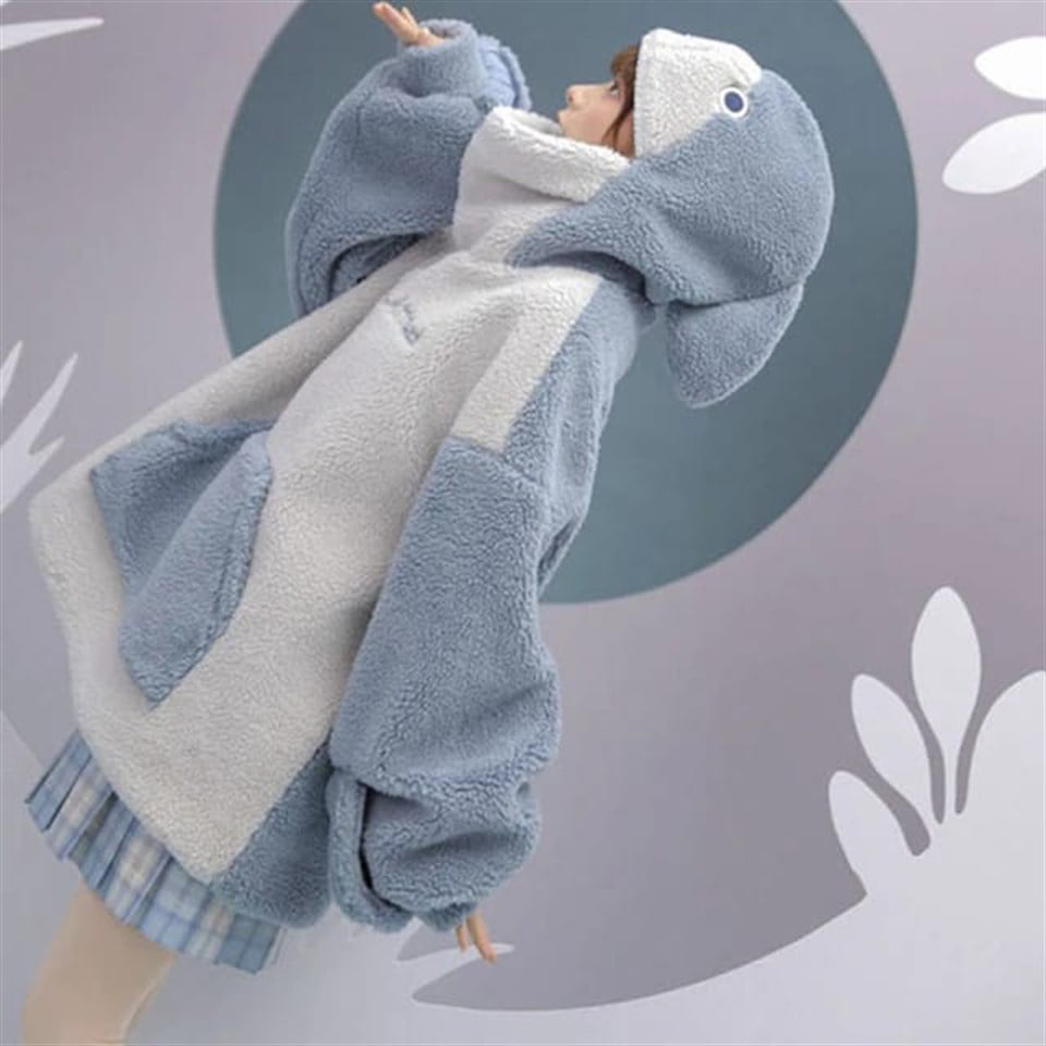 Harajuku Shark Style Peluş Oversize Eldivenli Kapüşonlu