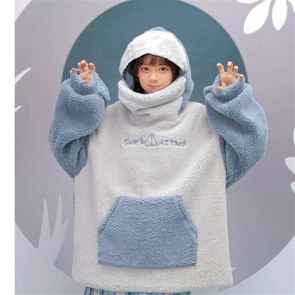 Harajuku Shark Style Peluş Oversize Eldivenli Kapüşonlu