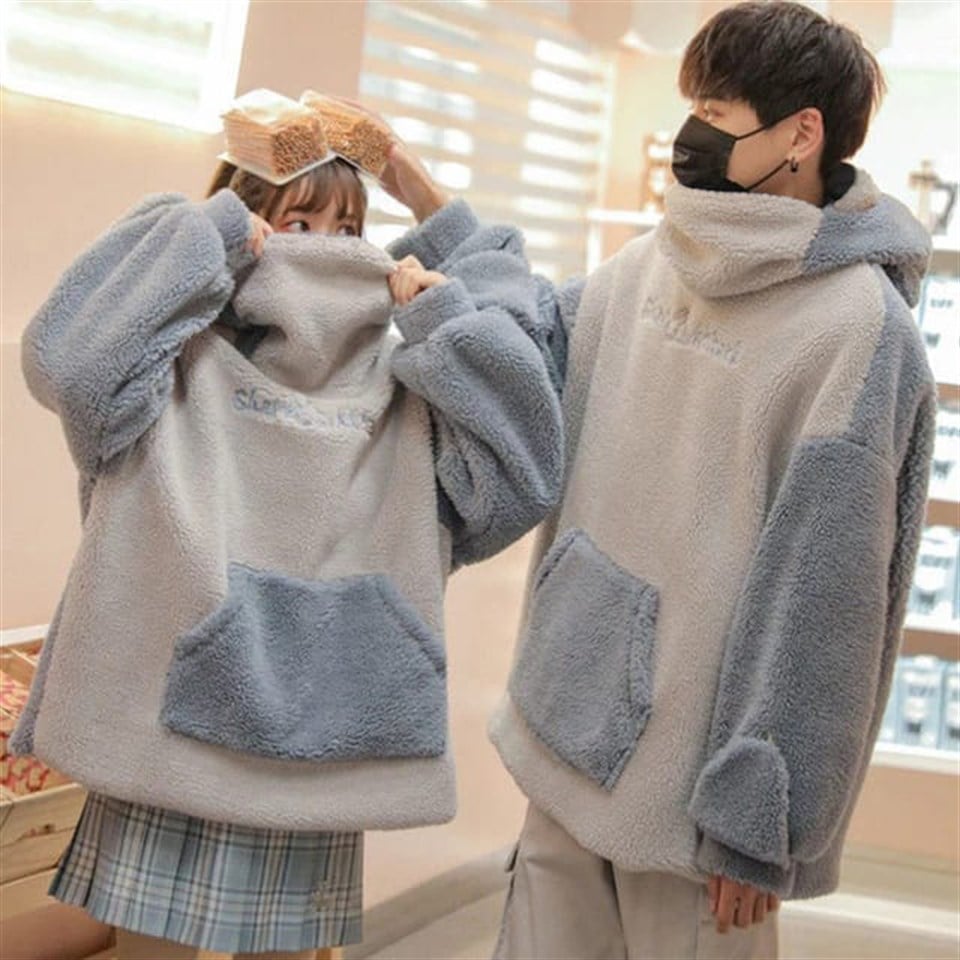 Harajuku Shark Style Peluş Oversize Eldivenli Kapüşonlu