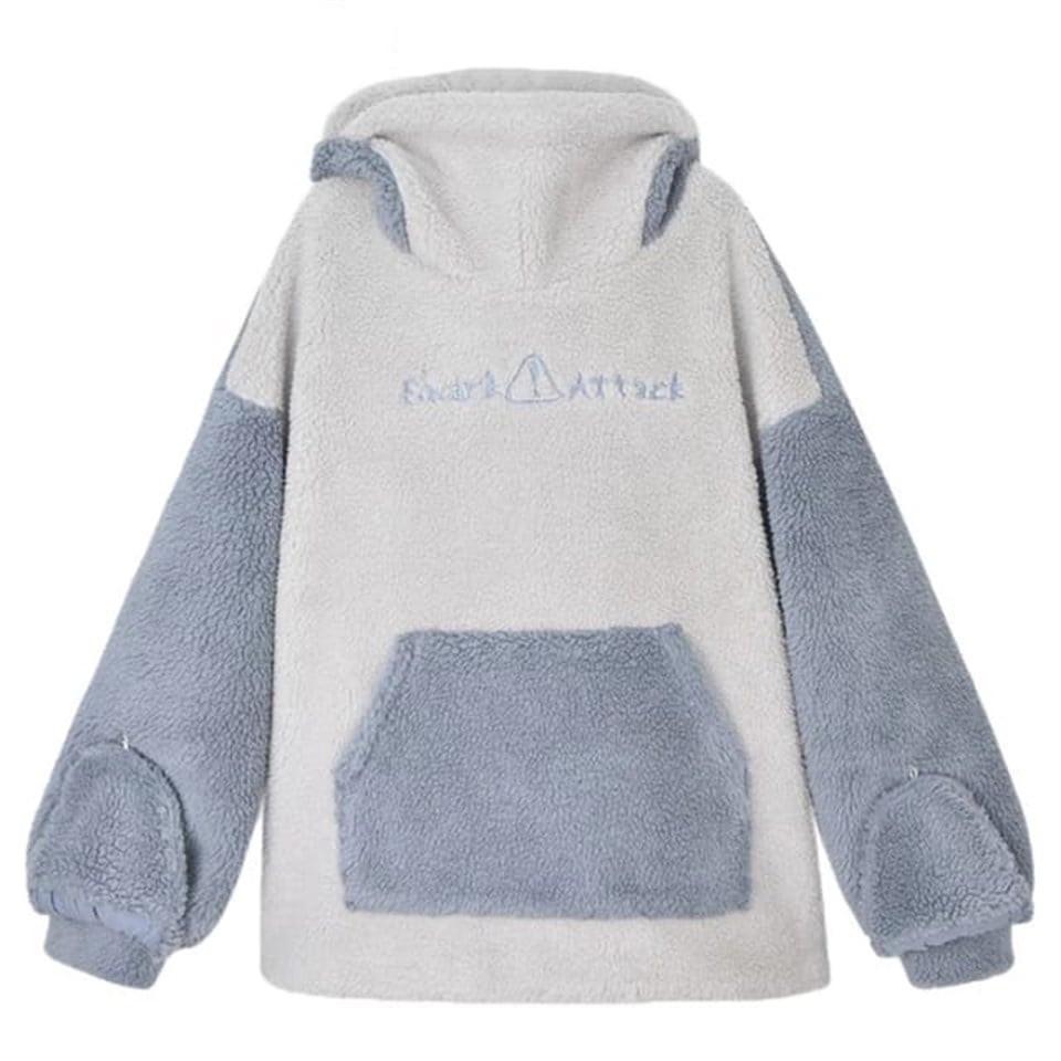 Harajuku Shark Style Peluş Oversize Eldivenli Kapüşonlu