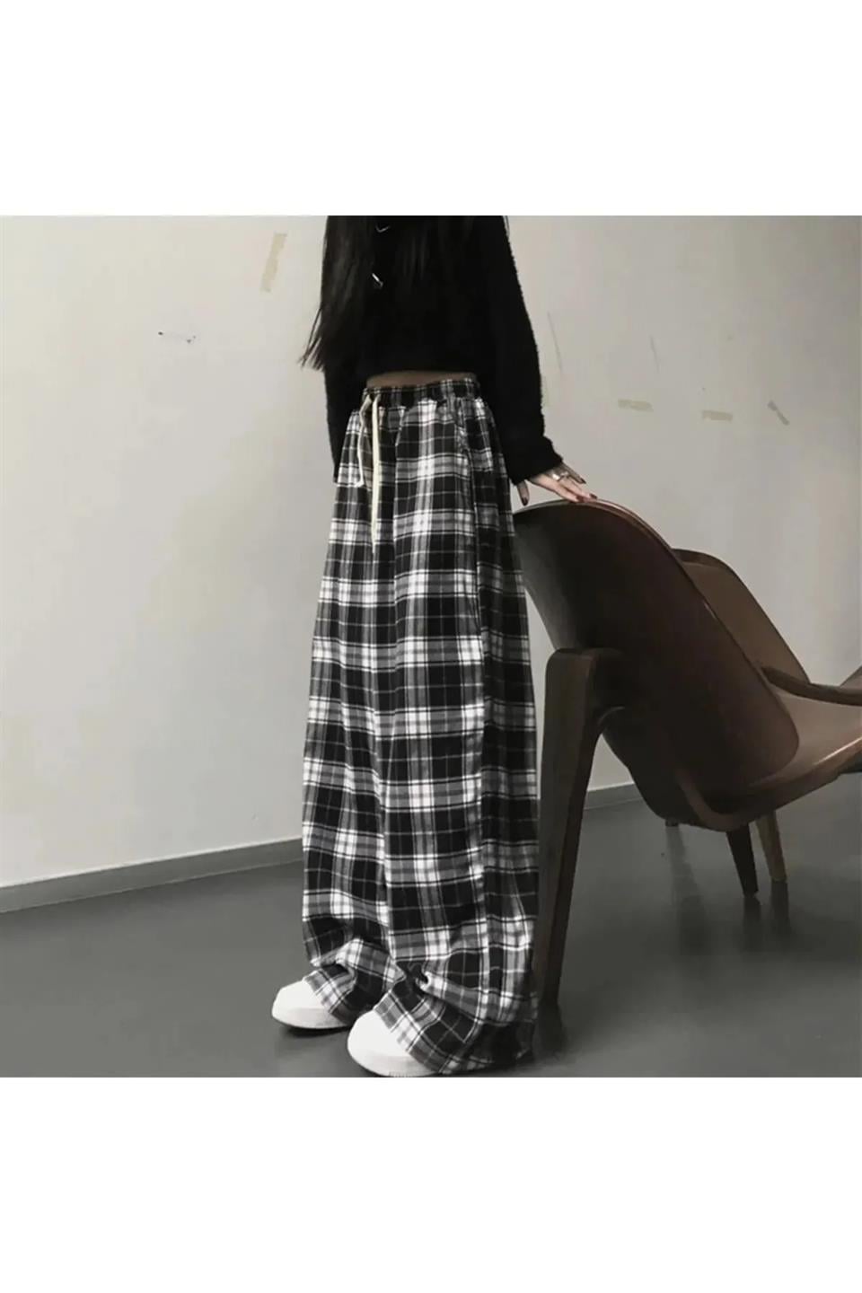 Harajuku Siyah Beyaz Ekose Tracksuit Eşofman Altı