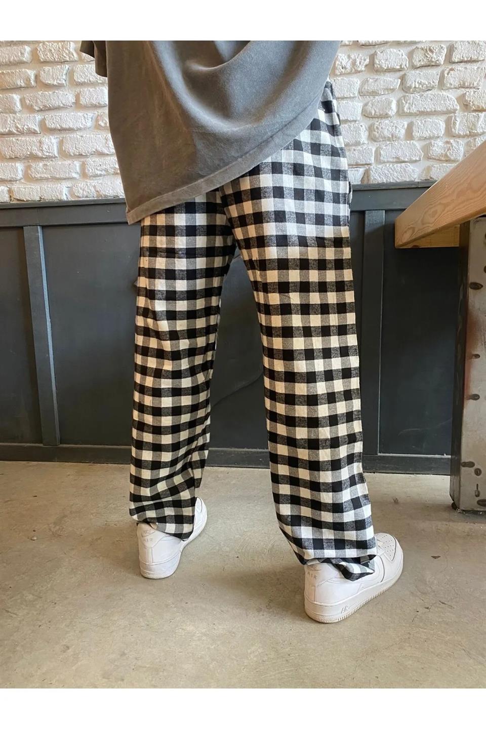 Harajuku Siyah Beyaz Kare Desenli Tracksuit Eşofman Altı