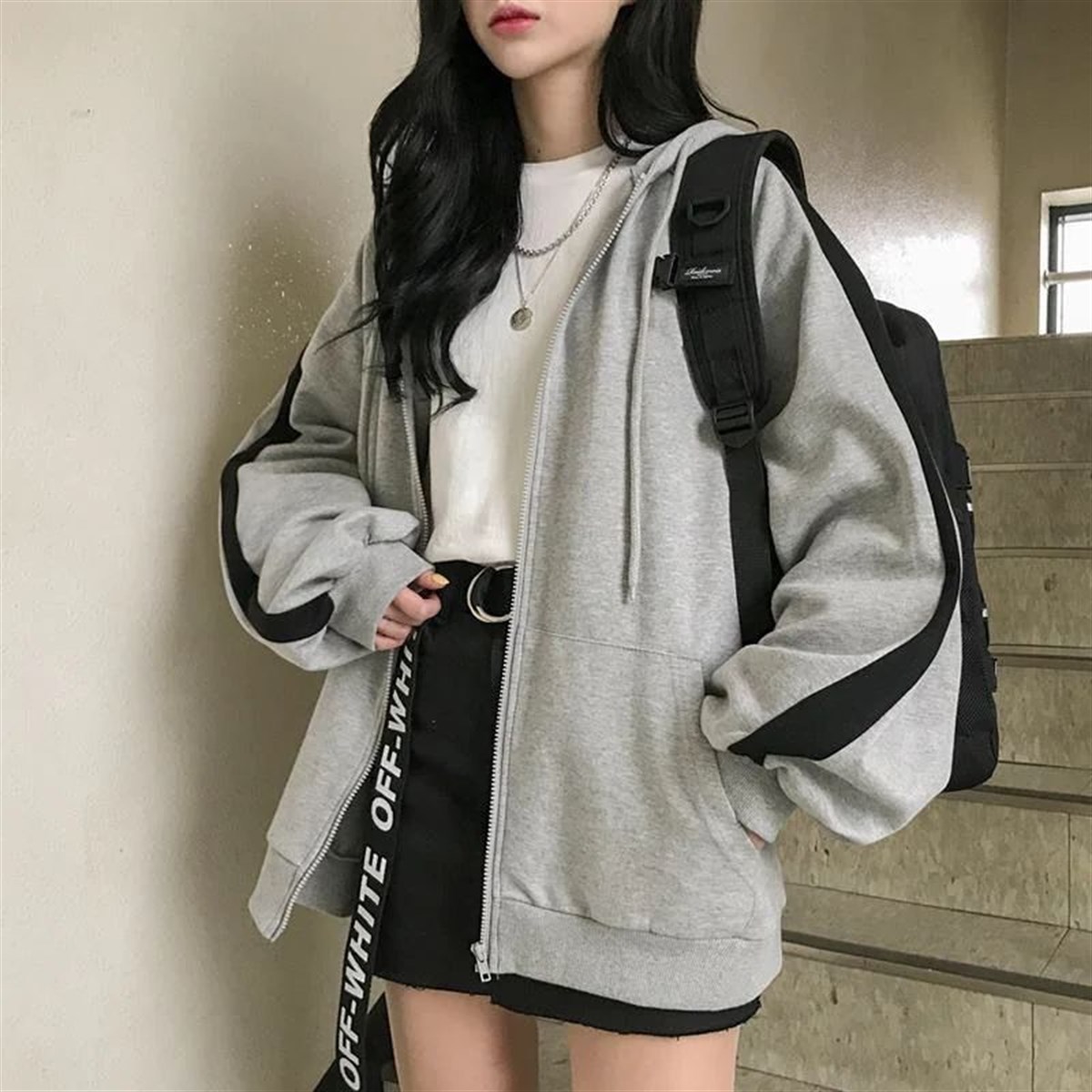 Harajuku Siyah Şeritli Gri Unisex Hırka