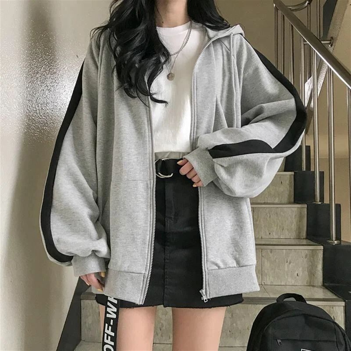 Harajuku Siyah Şeritli Gri Unisex Hırka