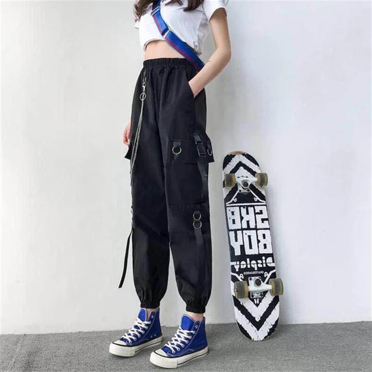 Harajuku Siyah Unisex Zincirli Jogger Kargo Eşofman