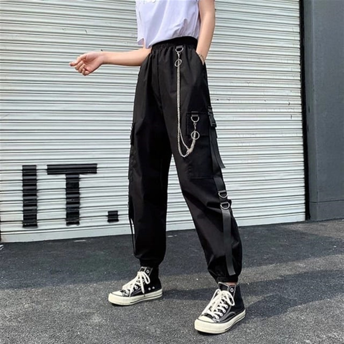 Harajuku Siyah Unisex Zincirli Jogger Kargo Eşofman