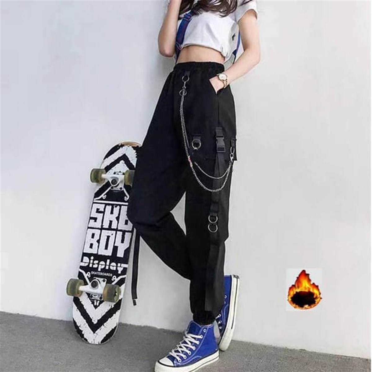 Harajuku Siyah Unisex Zincirli Jogger Kargo Eşofman