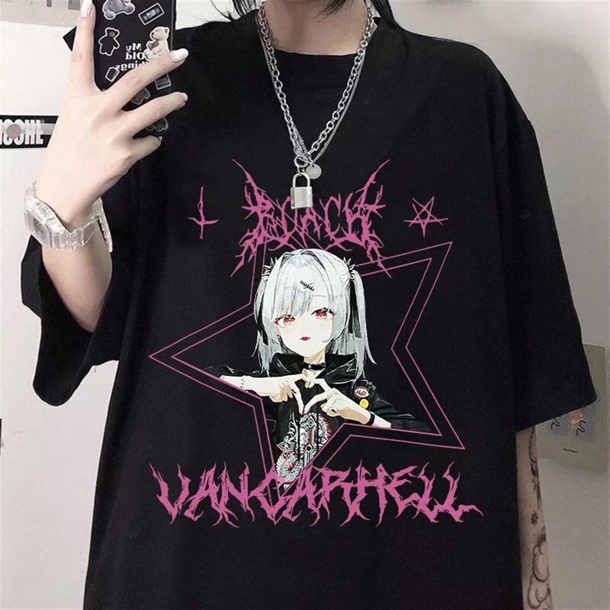 Harajuku T Shirt Aesthetic Gothic Punk Cartoon  Siyah Oversize T-Shirt