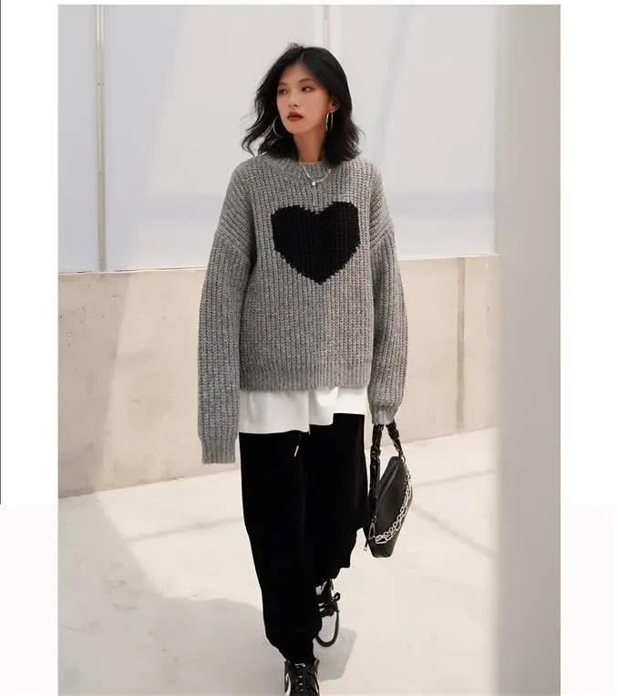 Harajuku Vintage Heart Oversize Unisex Siyah Kazak