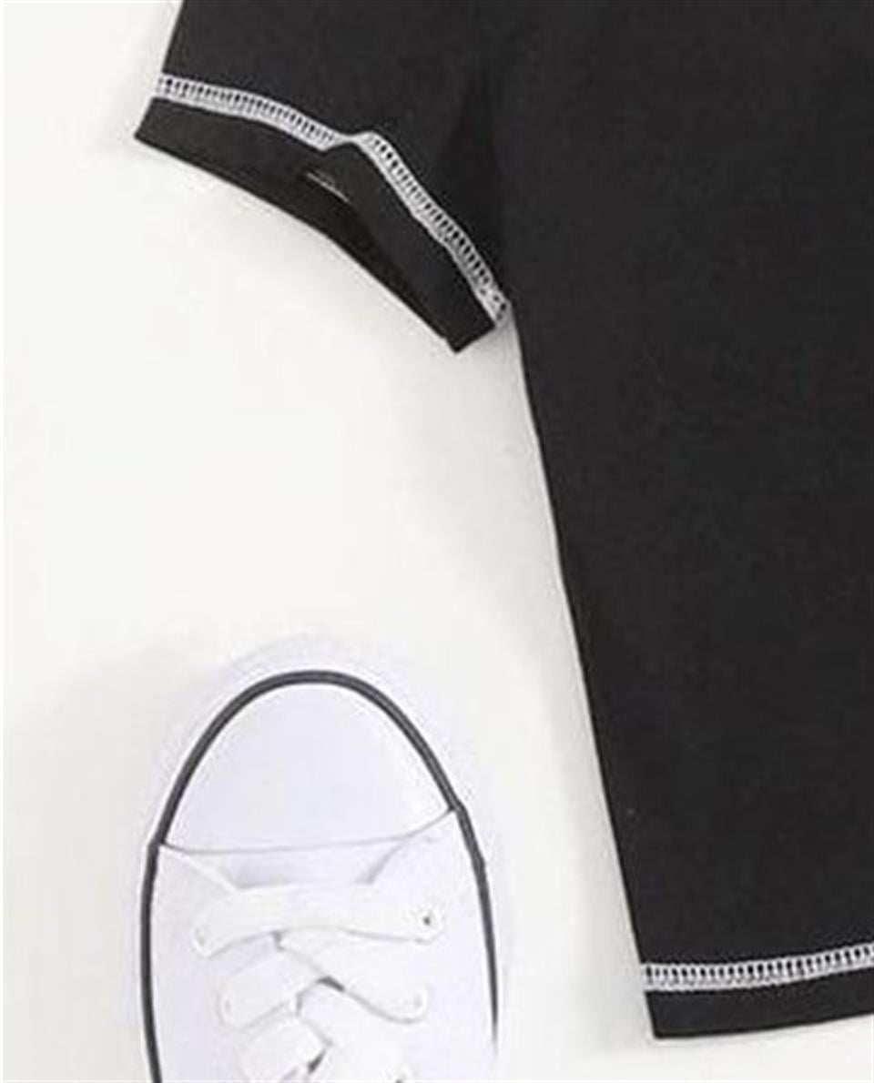 Harajuku Winged Baskılı Ters Dikiş Siyah Crop