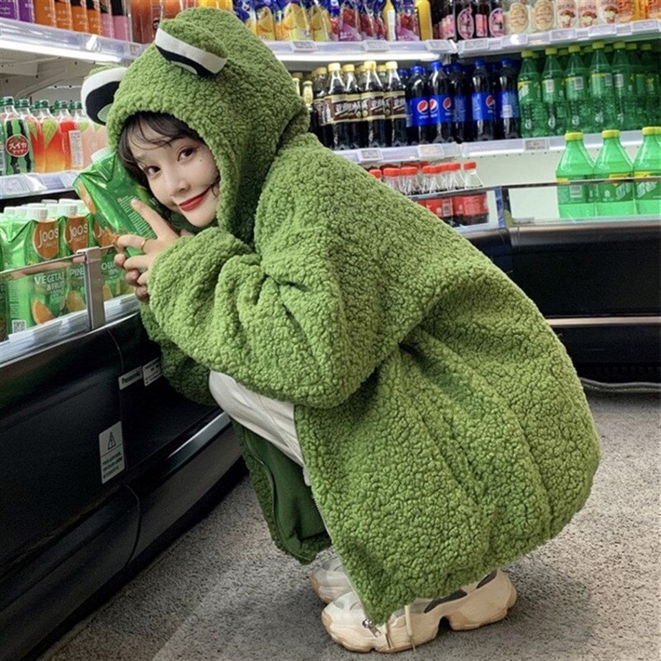 Harajuku  Yeşil Kurbağa Peluş Oversize Hırka