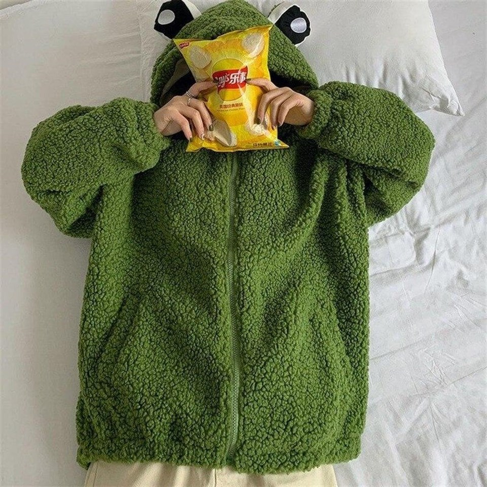 Harajuku  Yeşil Kurbağa Peluş Oversize Hırka