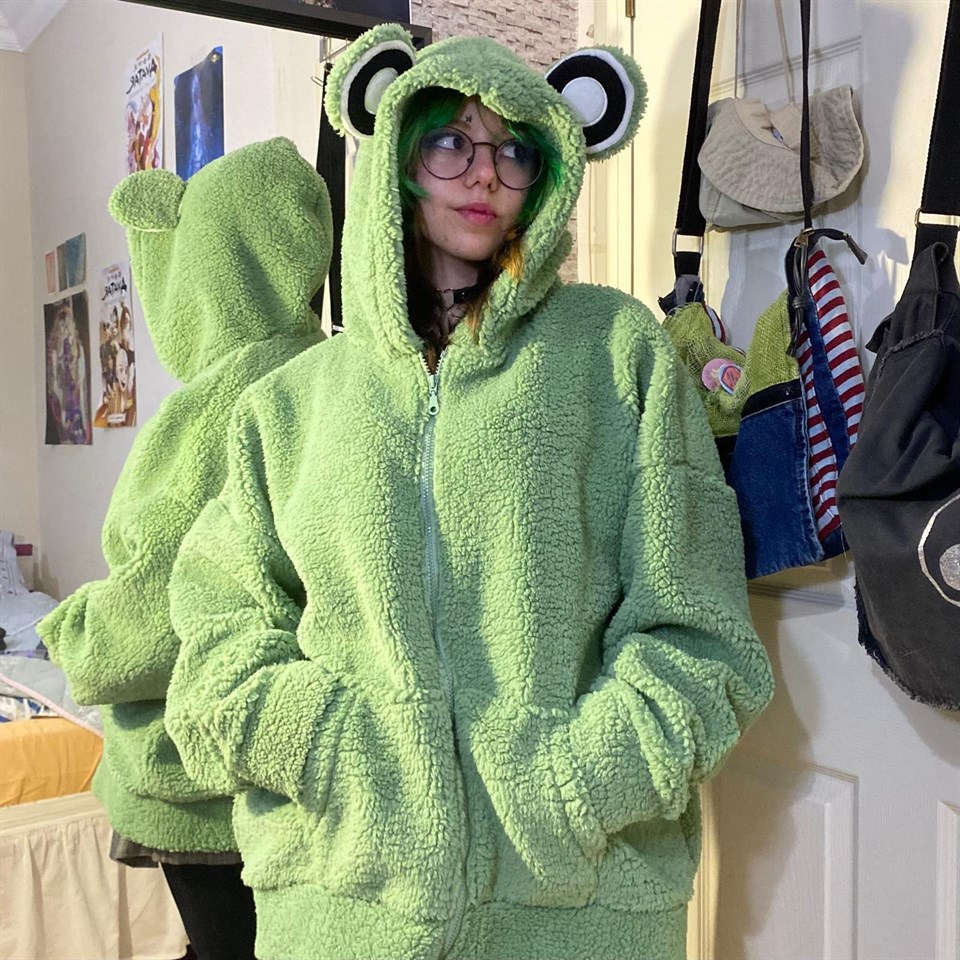 Harajuku  Yeşil Kurbağa Peluş Oversize Hırka