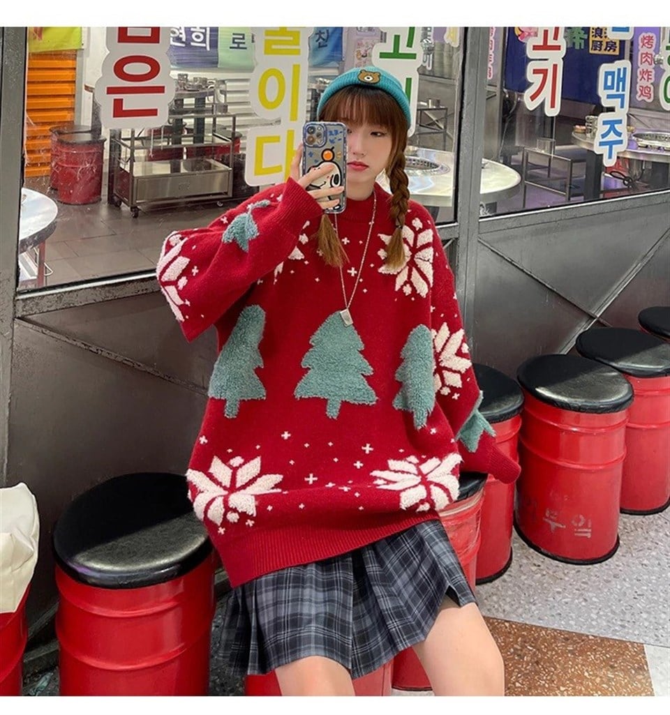 Harajuku Yılbaşı Kabartmalı Triko Kırmızı Kazak